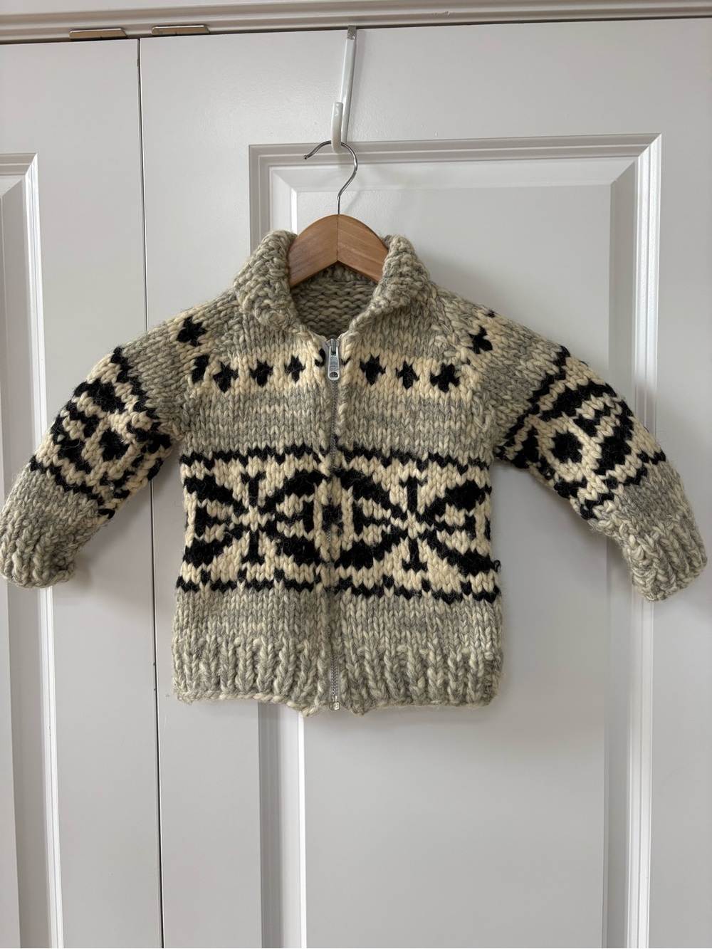 Hand-Knit Kids Wool Zip Cardigan Sweater - Cowichan style